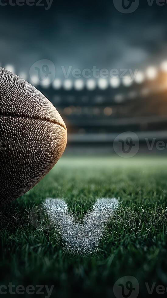 Close-up of a rugby ball resting on grass with a V marking at a stadium during an evening match photo