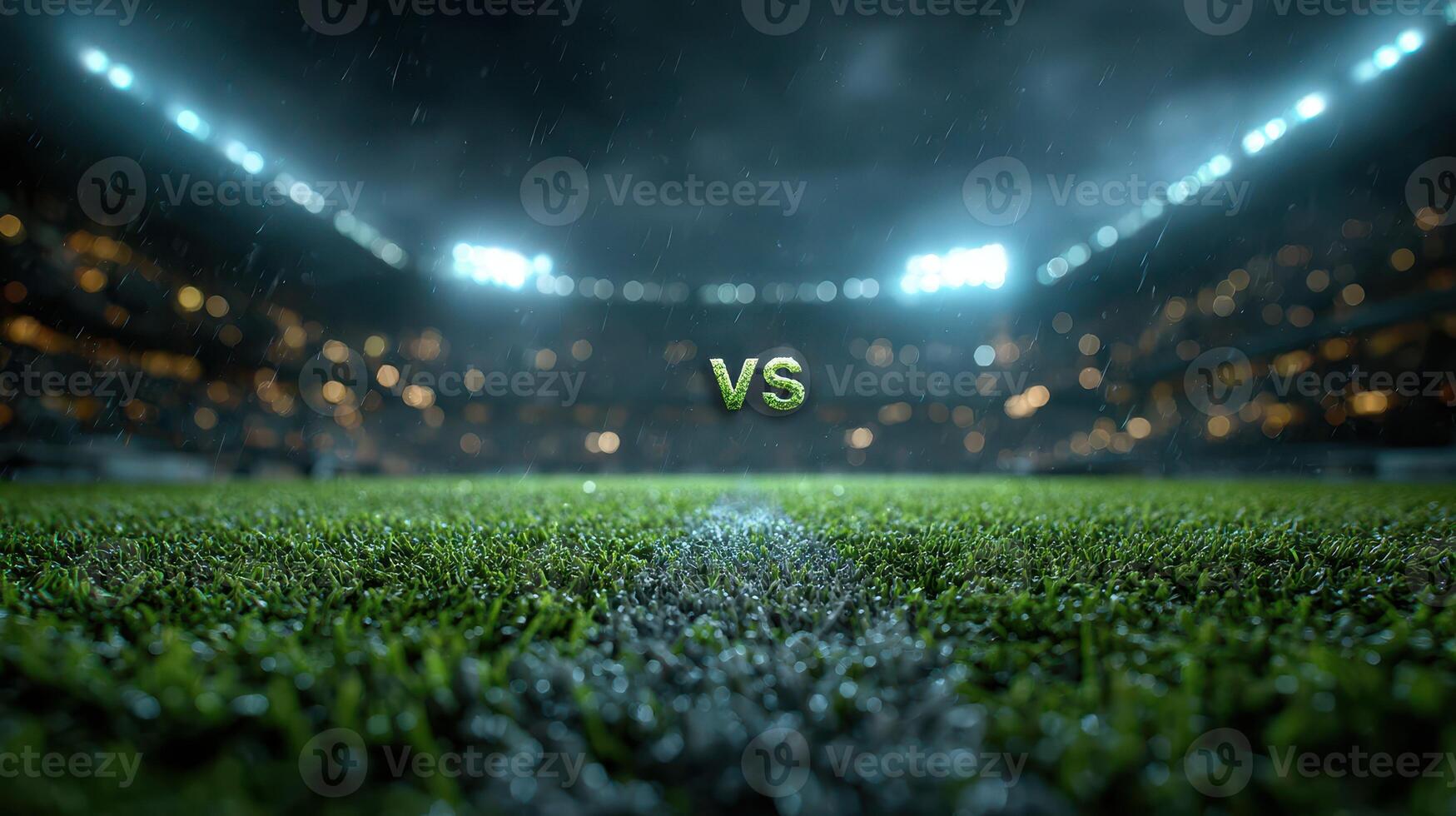 Exciting match preview on a rainy day at a vibrant stadium with bright lights illuminating the field photo