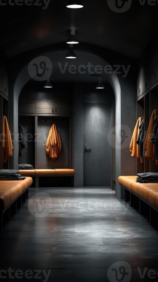Lockers and benches create a quiet space in a modern changing room at a sports facility during late evening hours photo