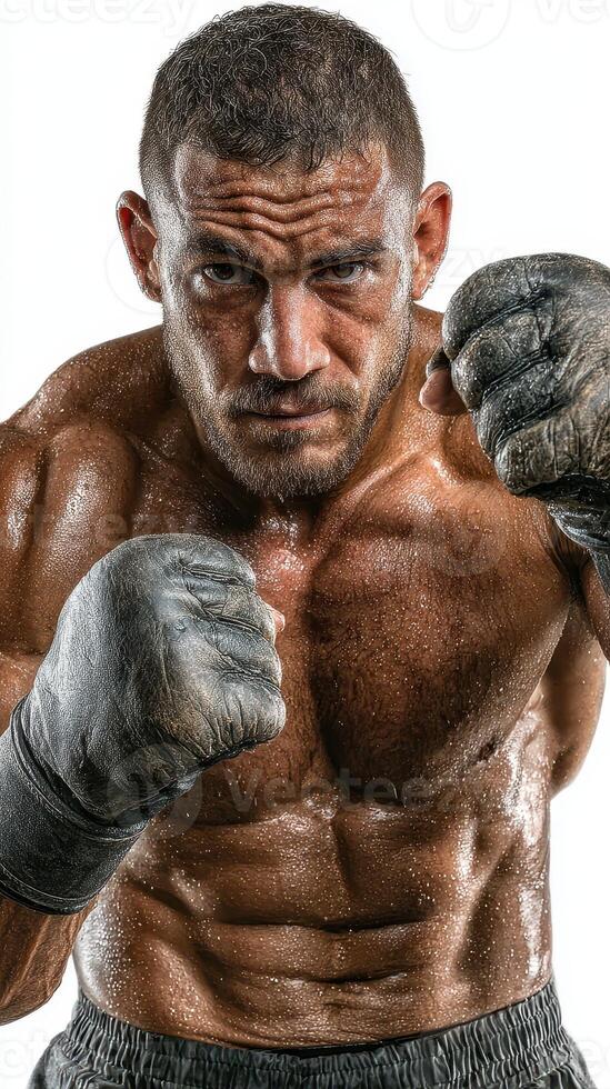 Professional boxer preparing for a match with determination and focus in a training session photo