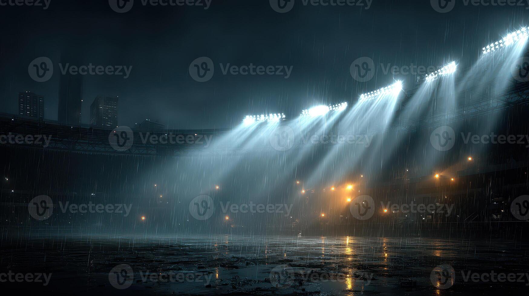 Dramatic rain-soaked stadium illuminated by bright floodlights during a stormy evening photo