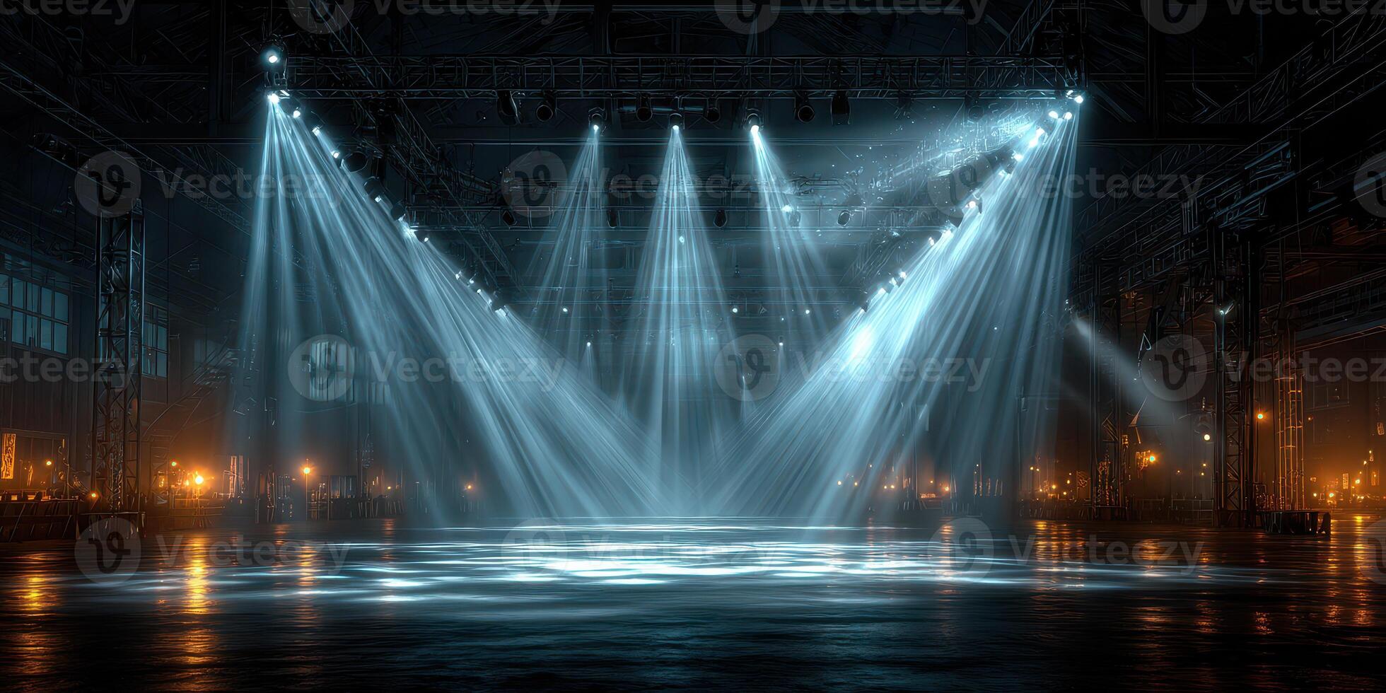 Bright stage lights illuminate an empty venue in preparation for an upcoming performance at dusk photo