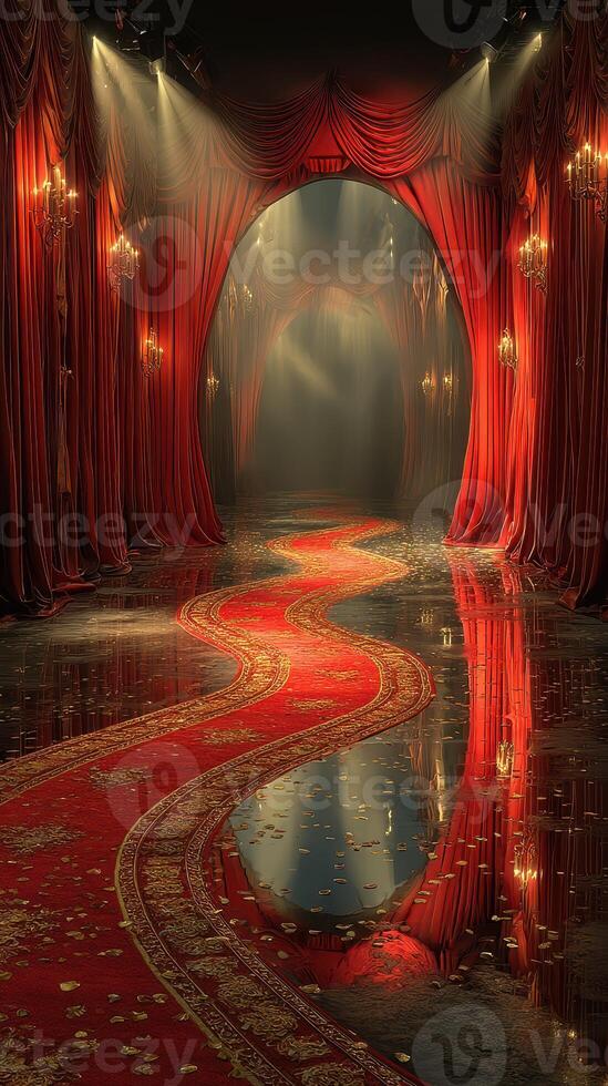 Elegant red curtain stage with a winding carpet and dramatic lighting creates a captivating atmosphere for performances photo