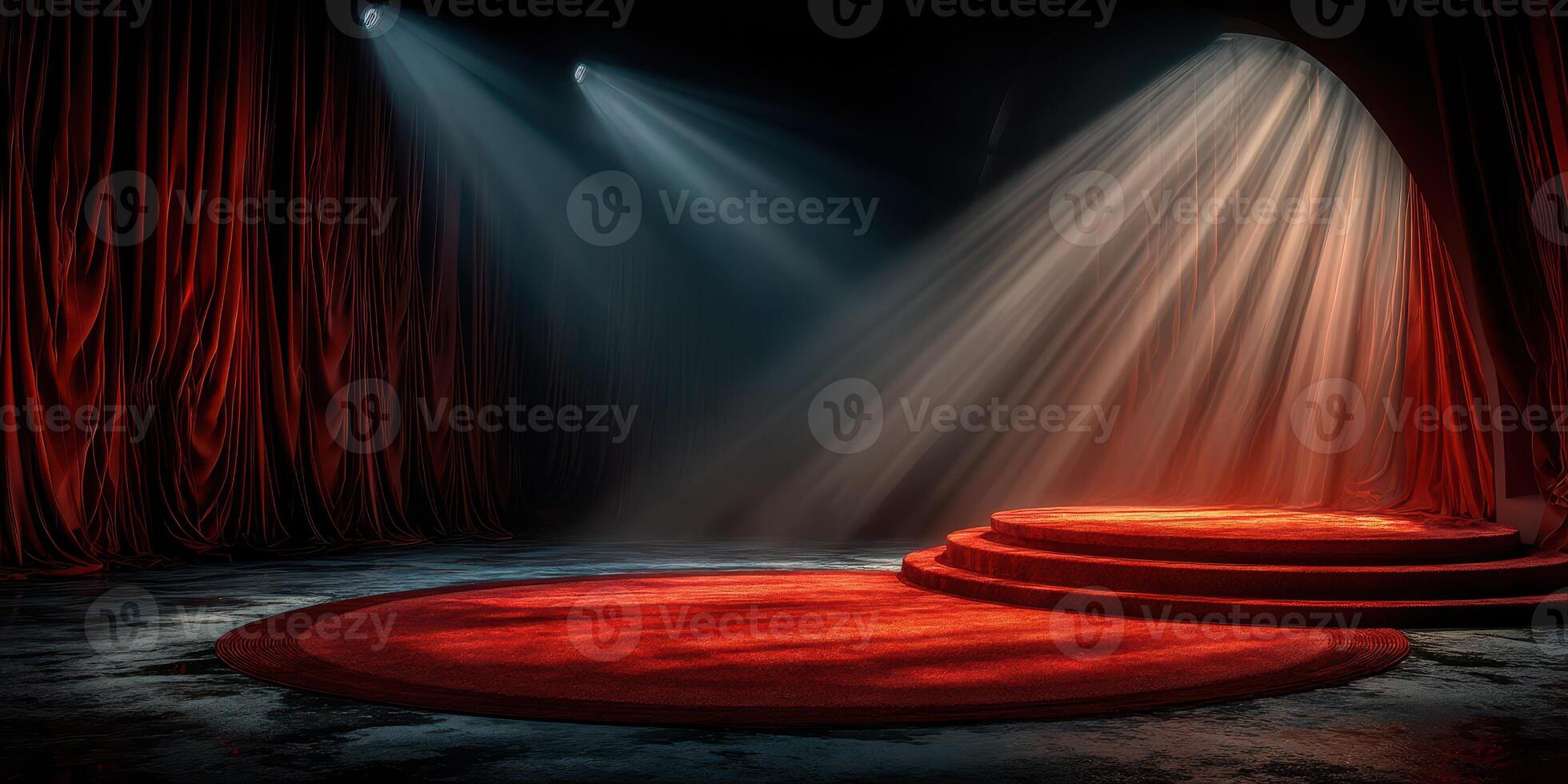 Dramatic stage setup with red curtains and spotlight enhancing the atmosphere for an upcoming performance photo