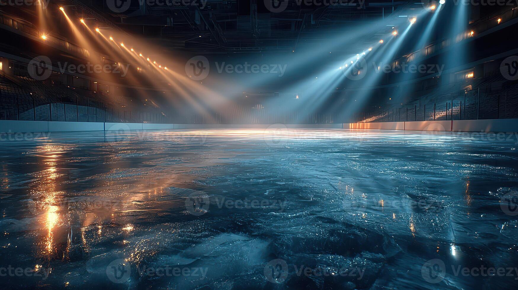 Ice rink illuminated by dramatic lighting during an evening hockey game preparation photo