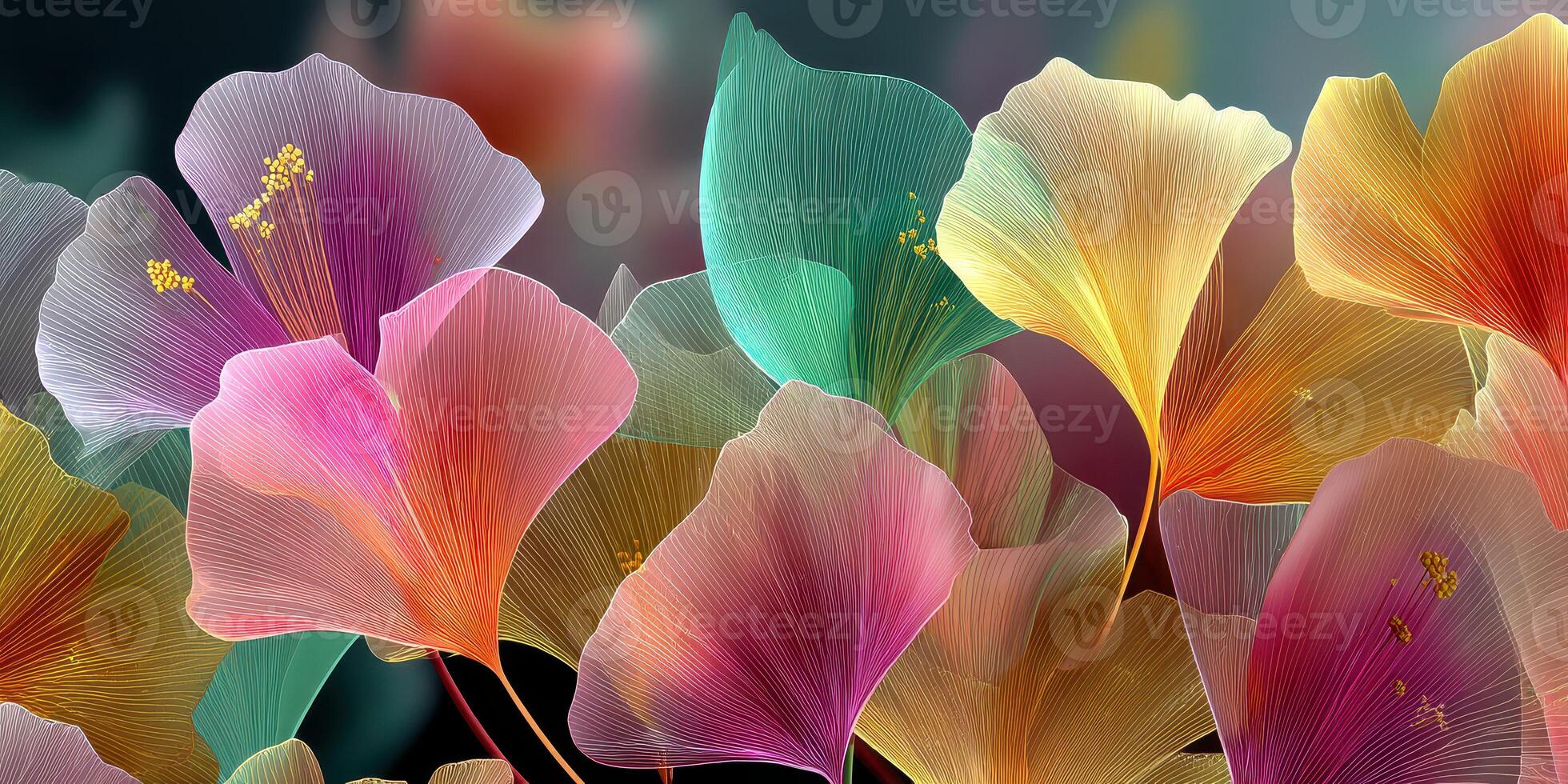 Colorful translucent flowers create a vibrant display of nature's beauty in a serene environment photo
