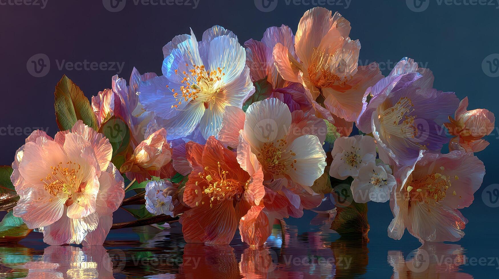 Colorful flowers display vibrant hues on a tranquil surface during the golden hour of late afternoon photo