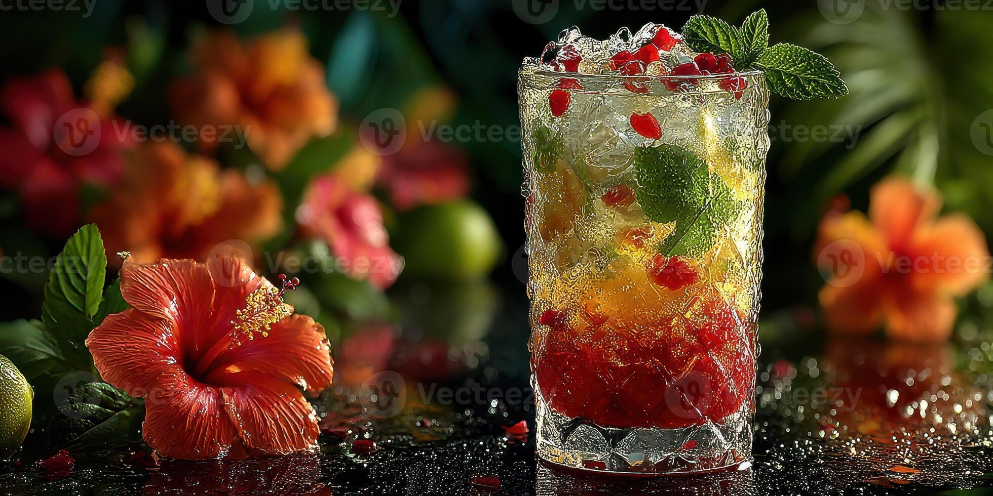 Colorful tropical cocktail garnished with mint leaves and fruity decorations in a lush garden setting photo