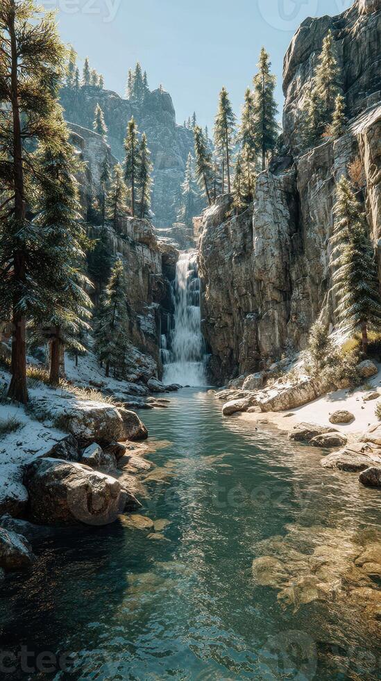 Scenic waterfall cascading into a clear river surrounded by towering pine trees in a mountainous landscape photo