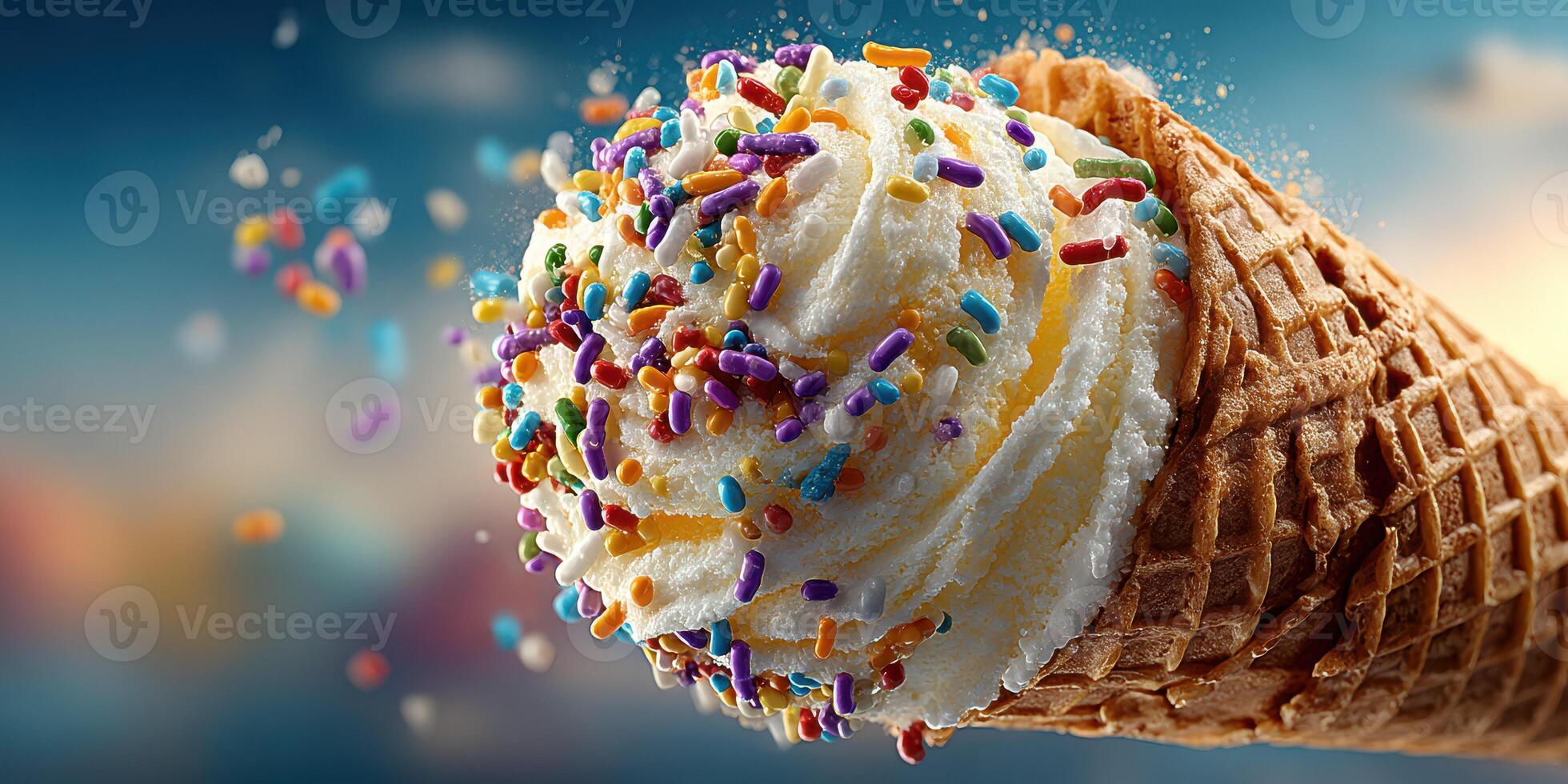 Colorful ice cream cone with sprinkles under a bright sky during sunny weather photo