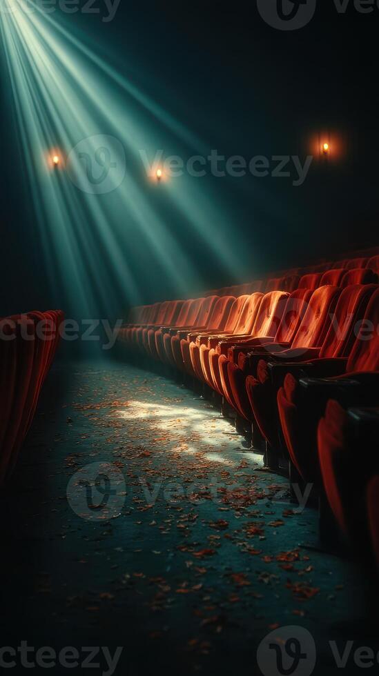 Soft rays of light illuminate empty velvet seats in a vintage theater during a quiet afternoon photo