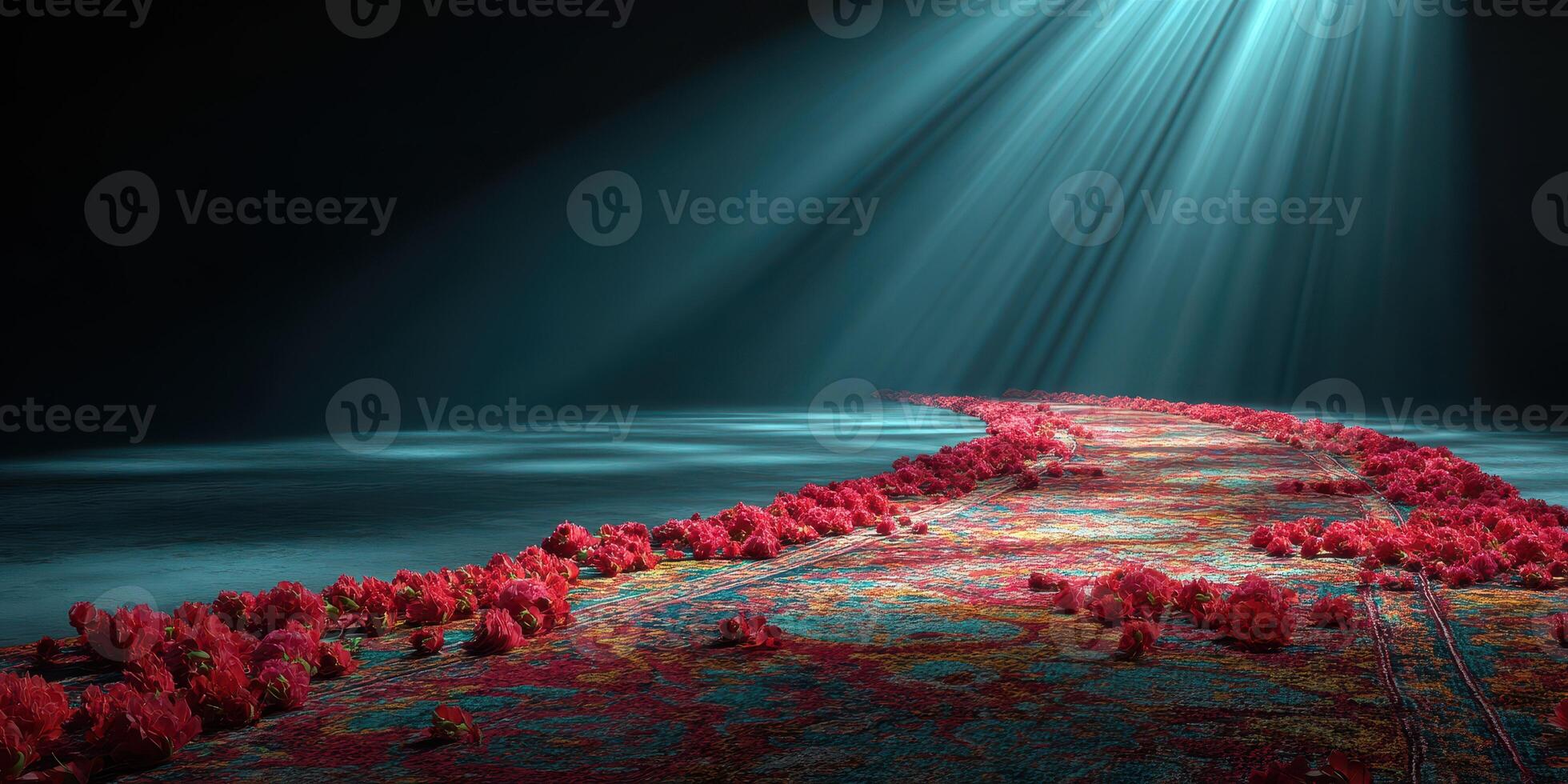 Rays of light illuminate a vibrant path adorned with roses leading through a dark space photo