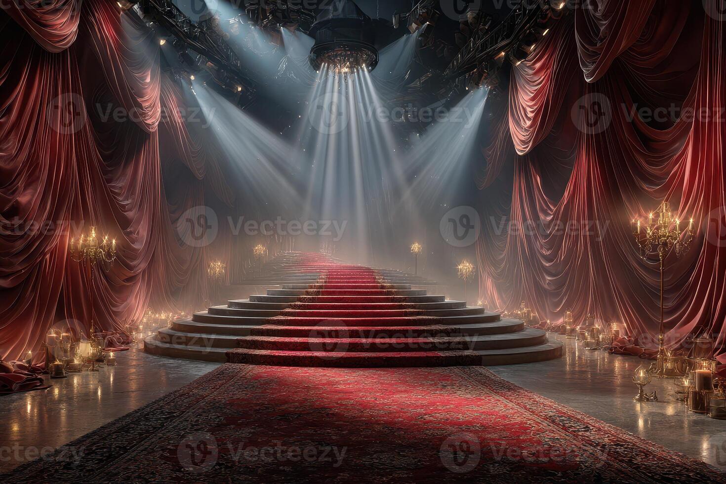 Dramatic stage design with red curtains and illuminated stairs in a theatrical setting at night photo