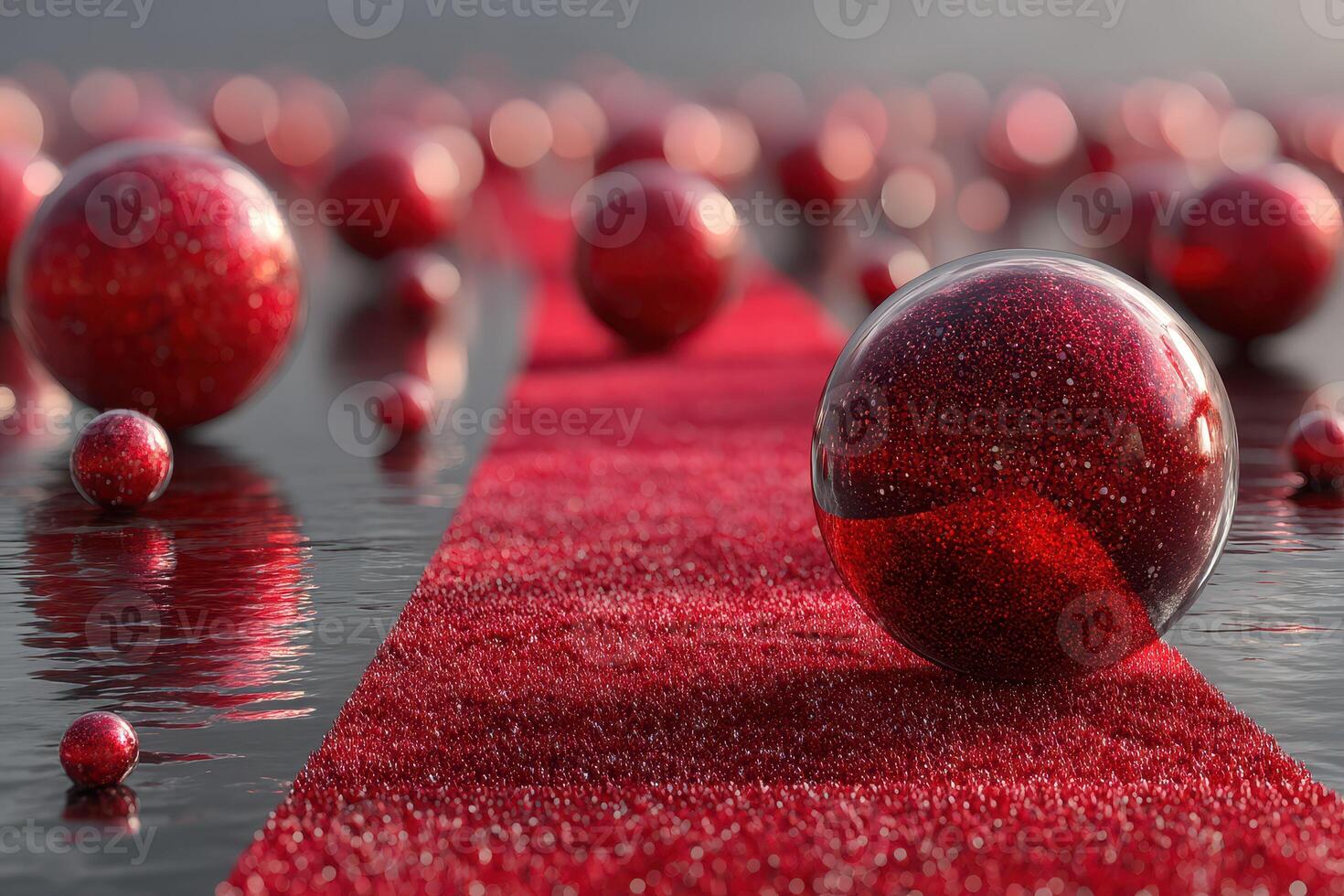 Reflection of red spheres on a shimmering surface with a textured carpet photo