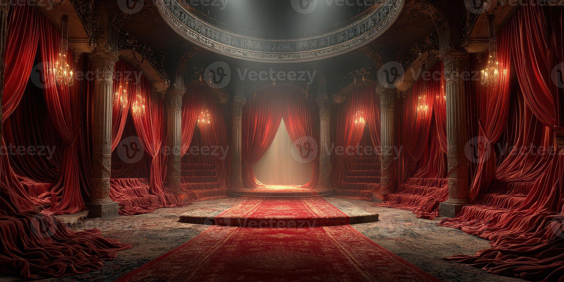 Elegant grand theater stage adorned with red curtains and soft lighting creates a dramatic atmosphere for performances photo