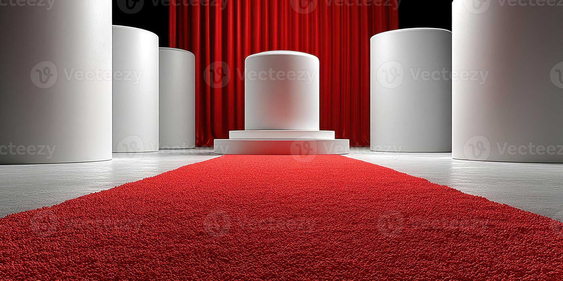 Red carpet setup with white podiums and red curtains in a dramatic lighting atmosphere photo