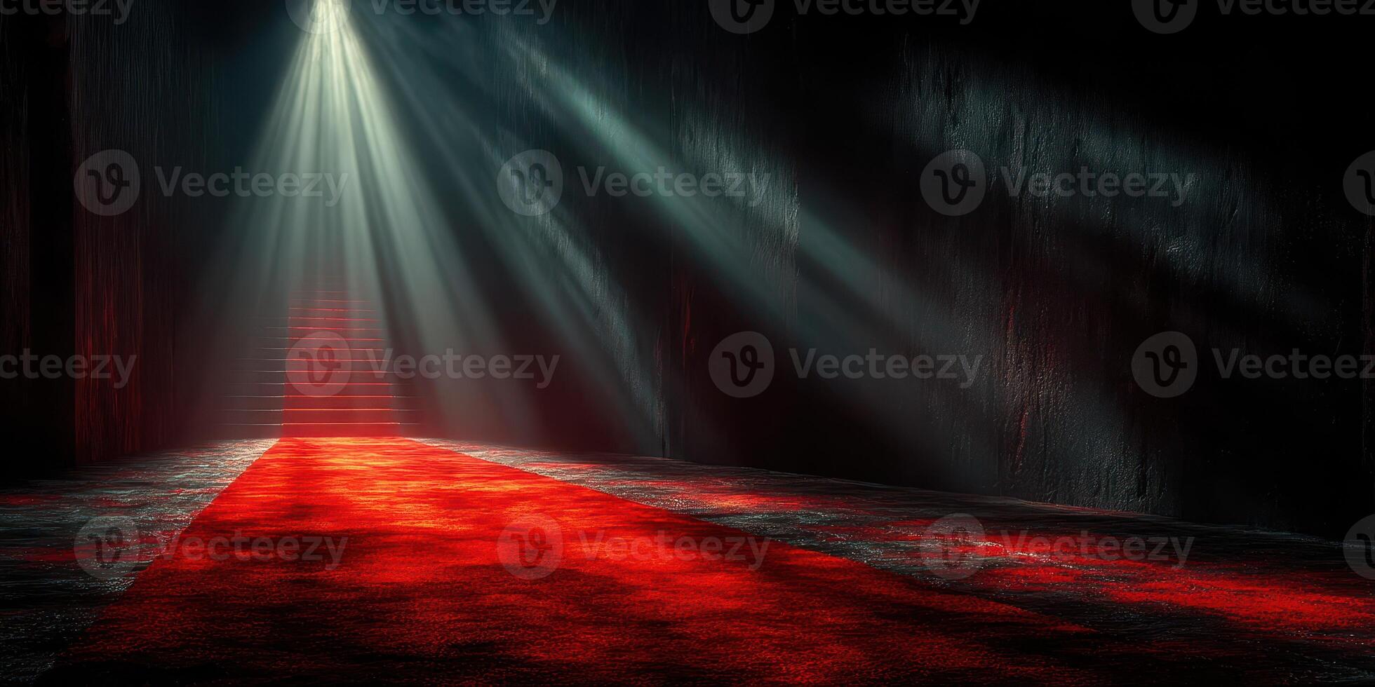 Intriguing stairway illuminated by beams of light on a red carpet path in a darkened room photo