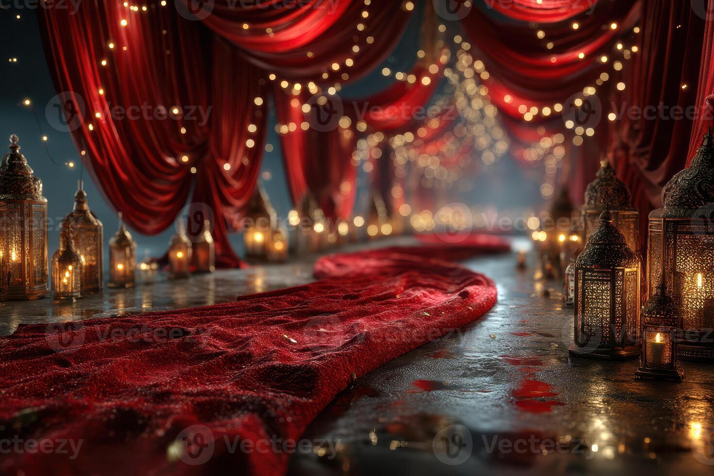 Elegant event corridor adorned with red drapes and enchanting lanterns illuminated with soft lights photo