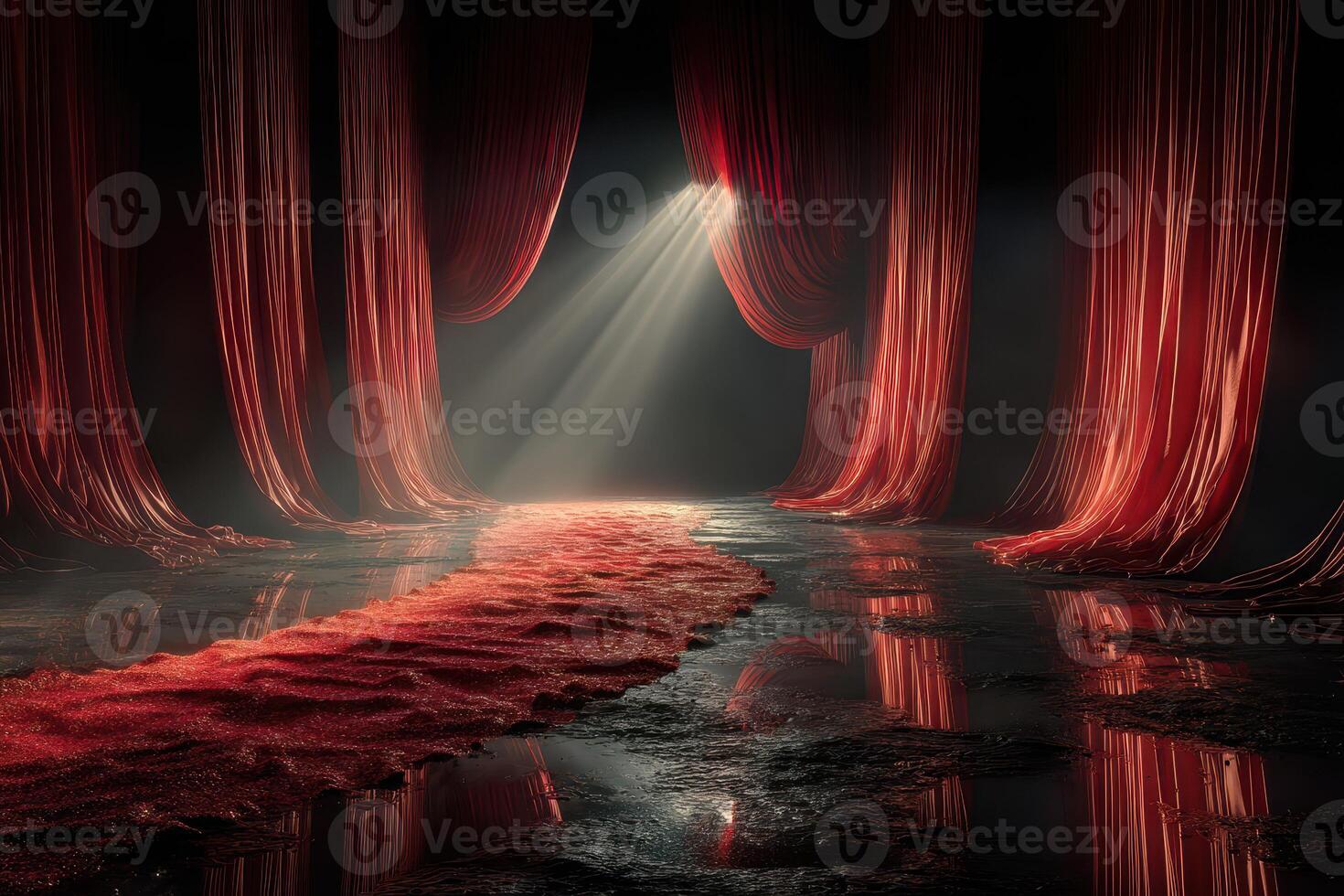 Dramatic red drapery and spotlight create an enchanting atmosphere in a theatrical setting photo