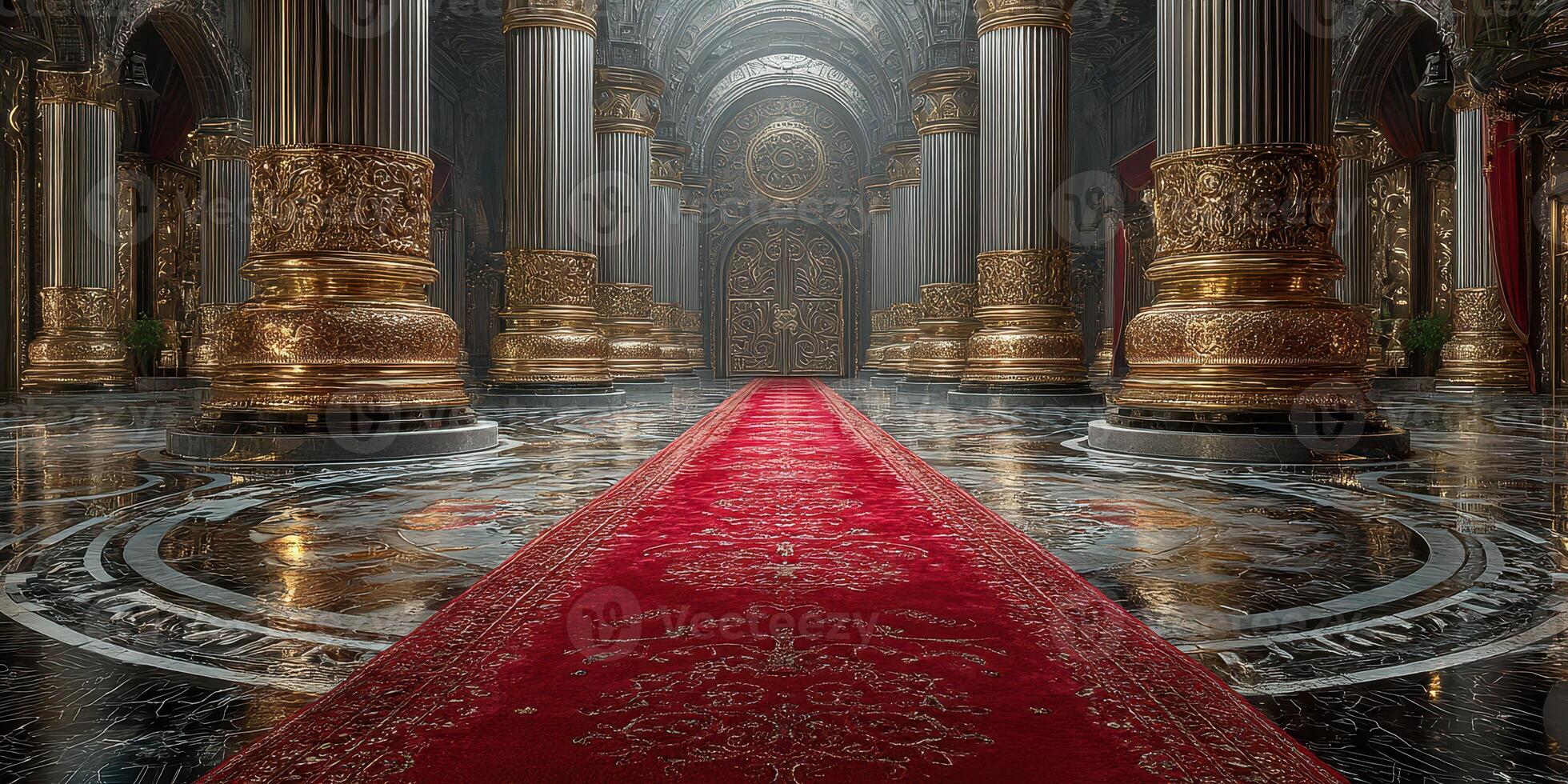Grand hallway adorned with red carpet and golden details in an opulent palace setting photo