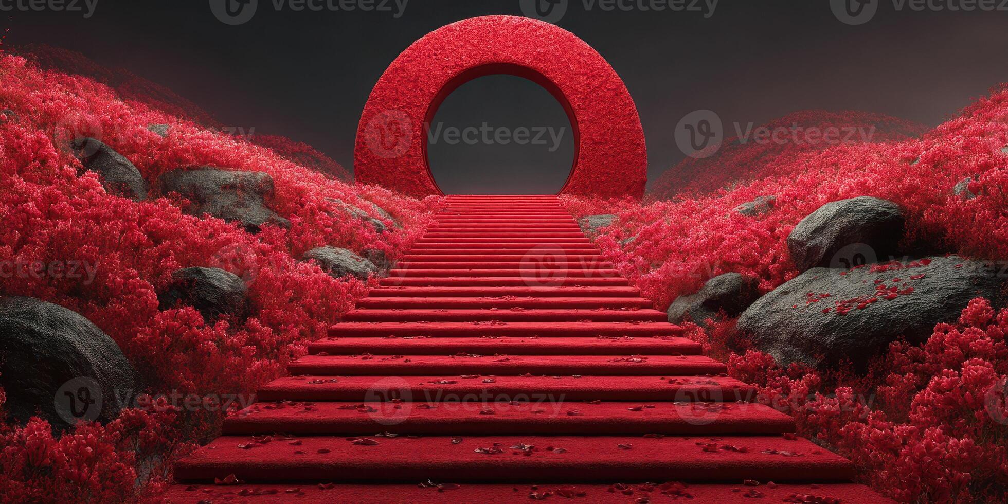 Red staircase leads to a circular arch amid vibrant flowers under a dark sky at twilight photo