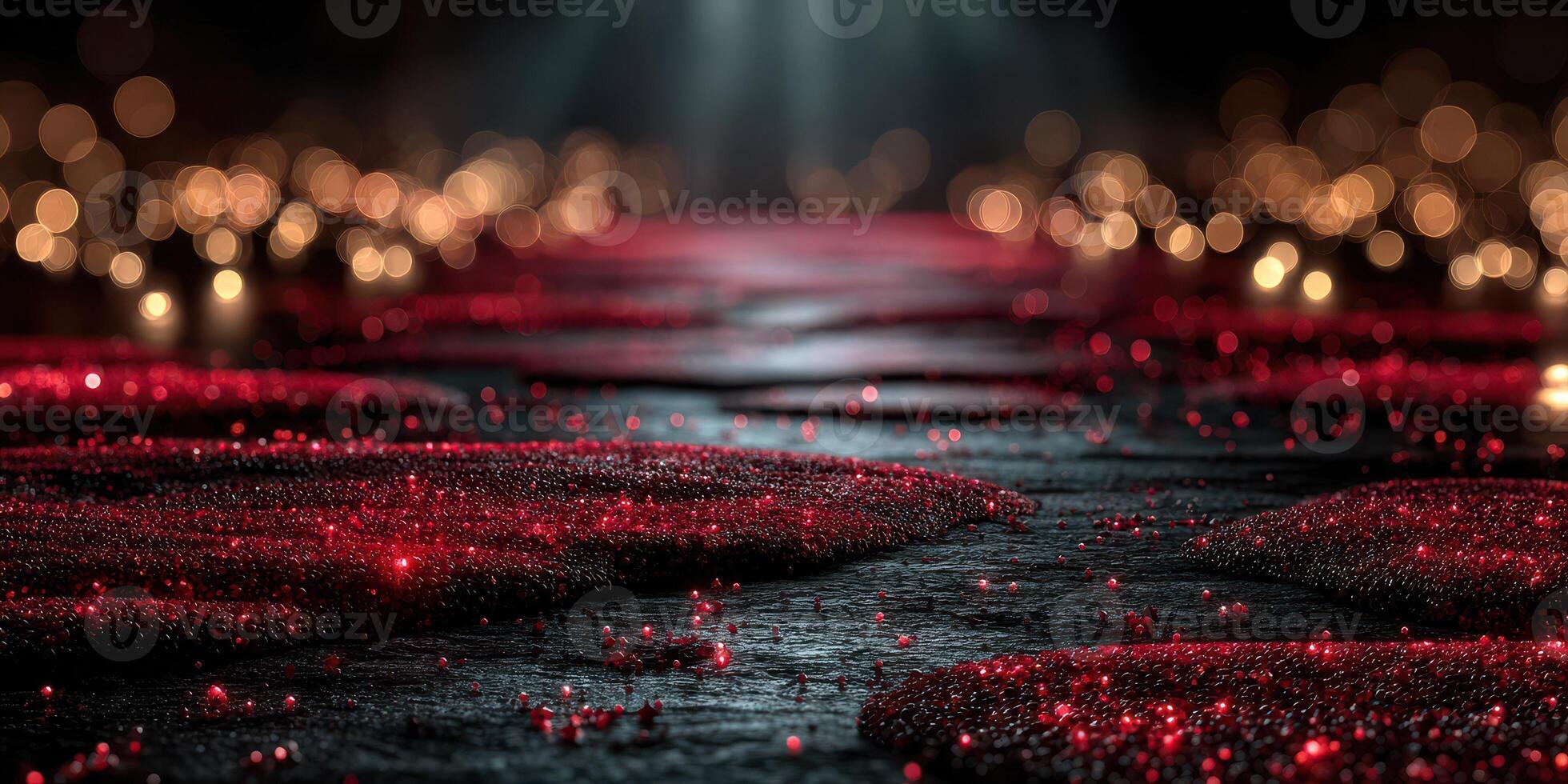 Vibrant red glitter pathway illuminated by warm lights during evening event at an elegant venue photo