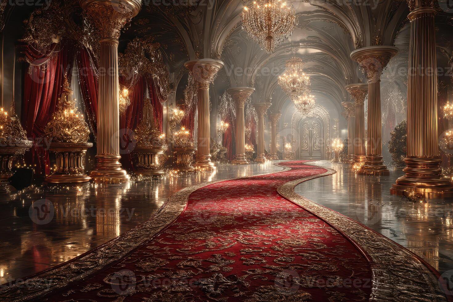 Luxurious palace interior with intricate details and ornate decorations captured in soft lighting during an elegant evening setting photo