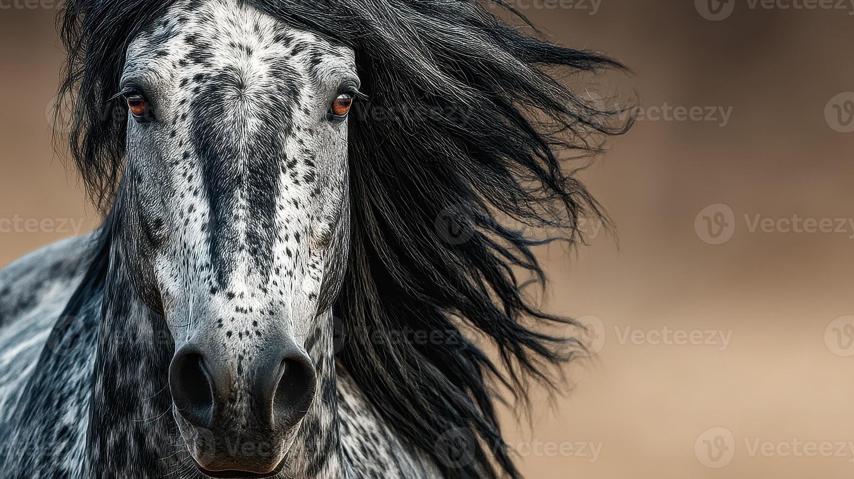 Majestic horse galloping with flowing mane in a serene outdoor setting during golden hour photo
