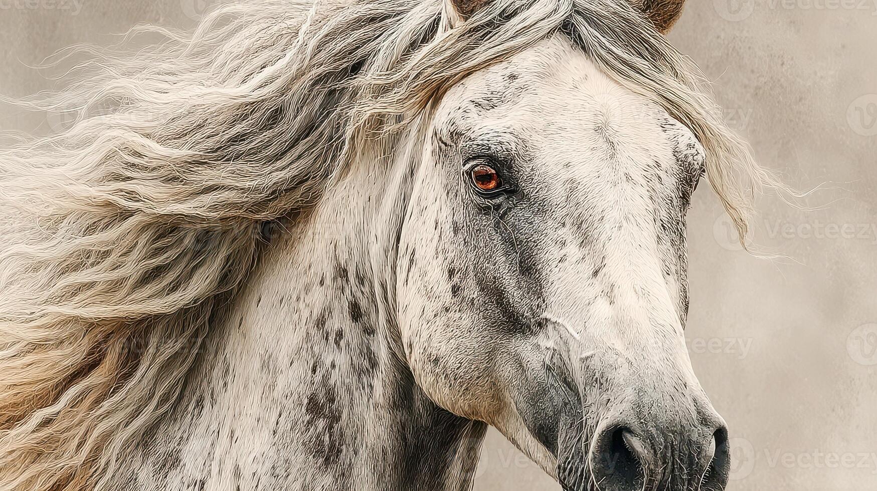 Majestic gray horse with flowing mane captured in soft light during a calm day in a natural setting photo
