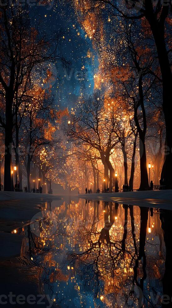 Majestic autumn evening in a park with glowing trees and shimmering reflections photo