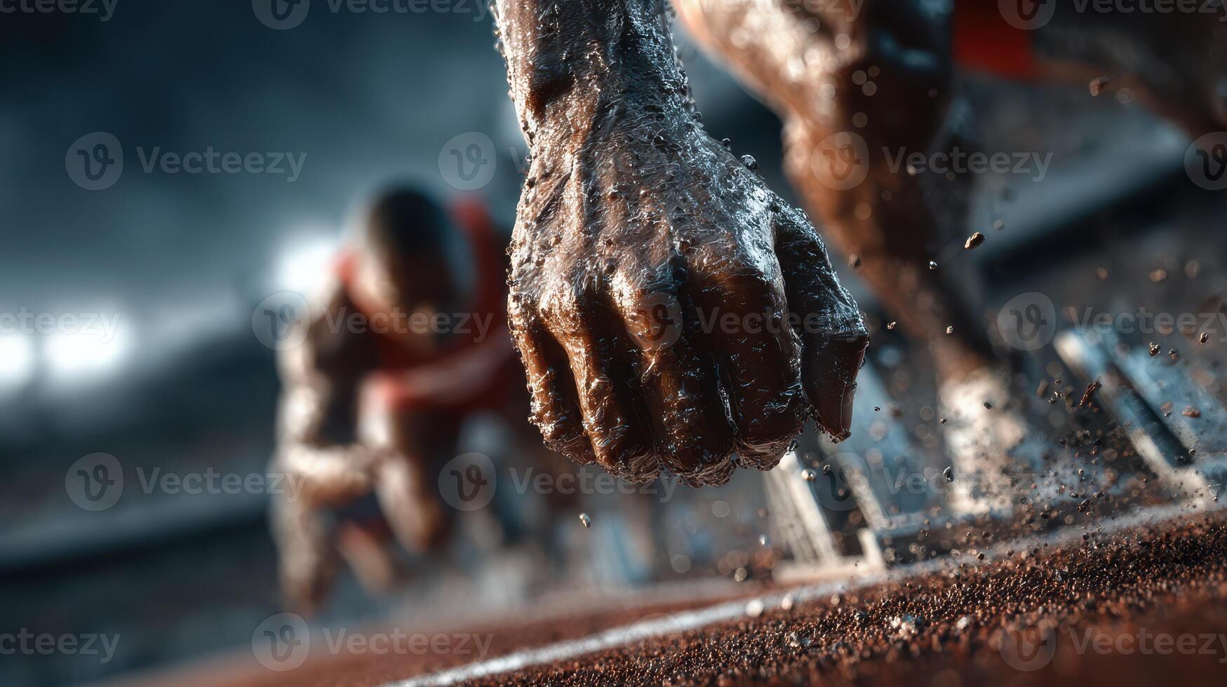 Close-up of a runner's hand gripping the track before a race during a sunny day at a stadium photo