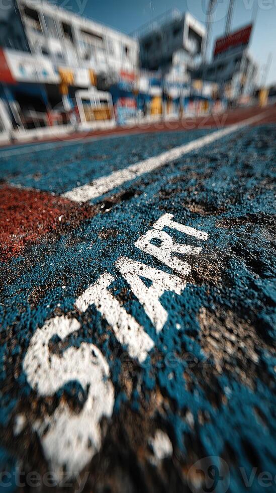 Start line of a race at a motorsport facility under clear blue skies during daytime photo