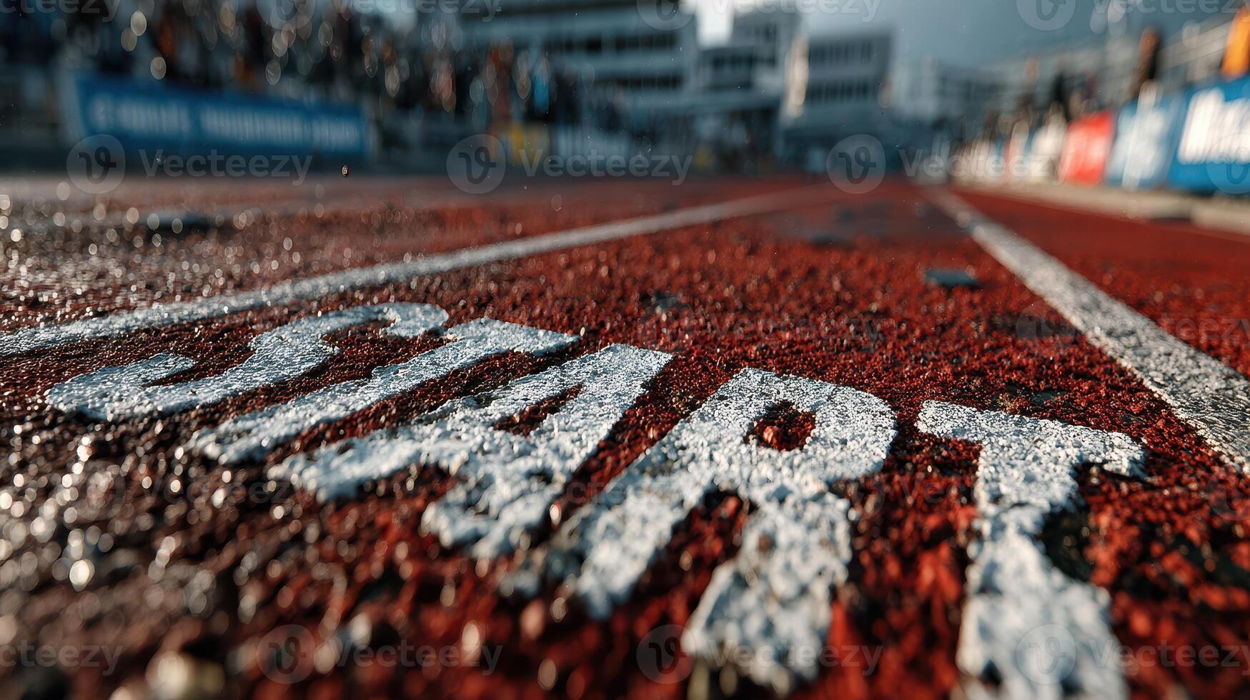 Runners prepare for a competitive race on an outdoor track with a visible starting line at a local sports event photo