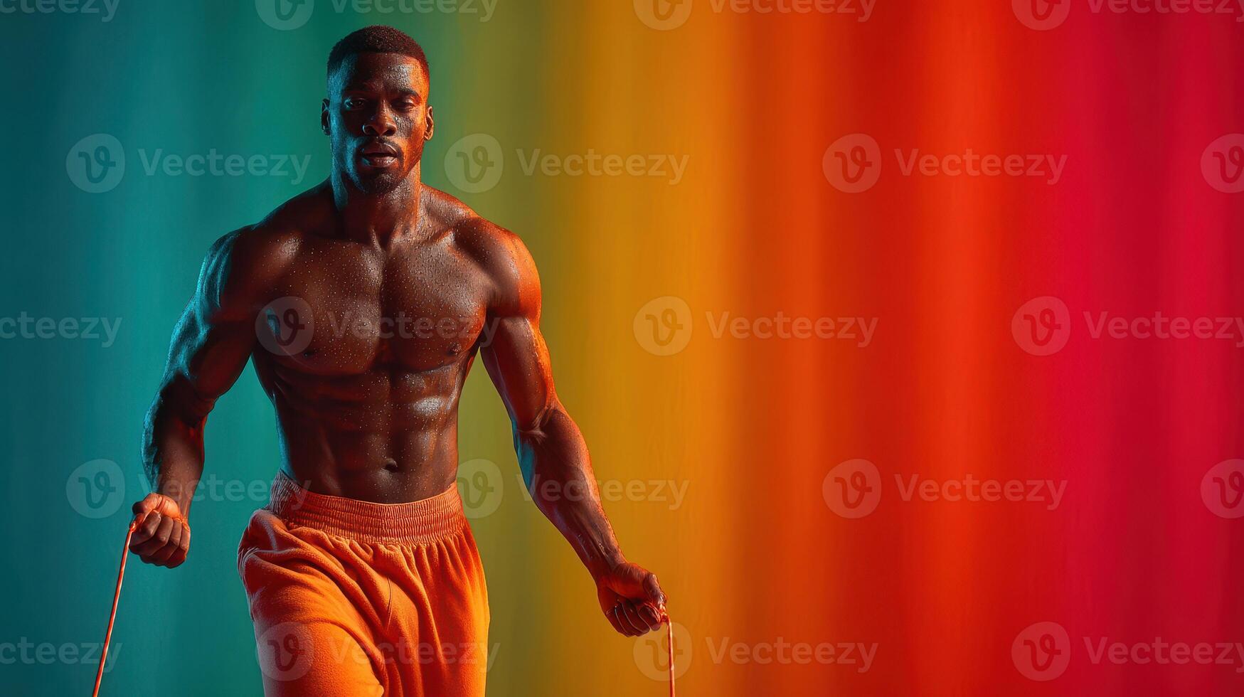 Muscular man skipping rope in bright colorful background during fitness training session photo