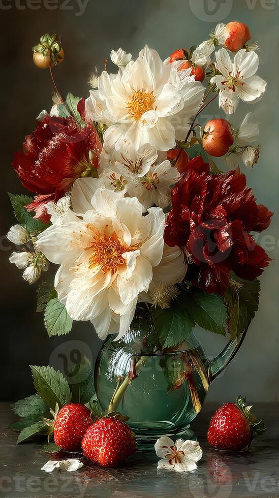 Beautiful floral arrangement featuring peonies, strawberries, and blossoms in a glass vase, showcasing vibrant colors and textures photo