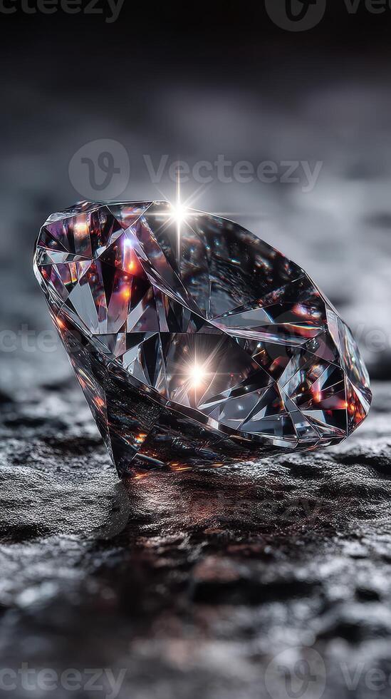Glittering diamond resting on textured surface reflecting light and showcasing brilliance in an artistic arrangement photo