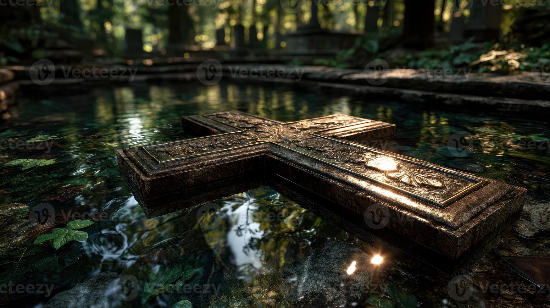 Moss-covered cross emerges from tranquil water in a secluded forest cemetery at golden hour photo