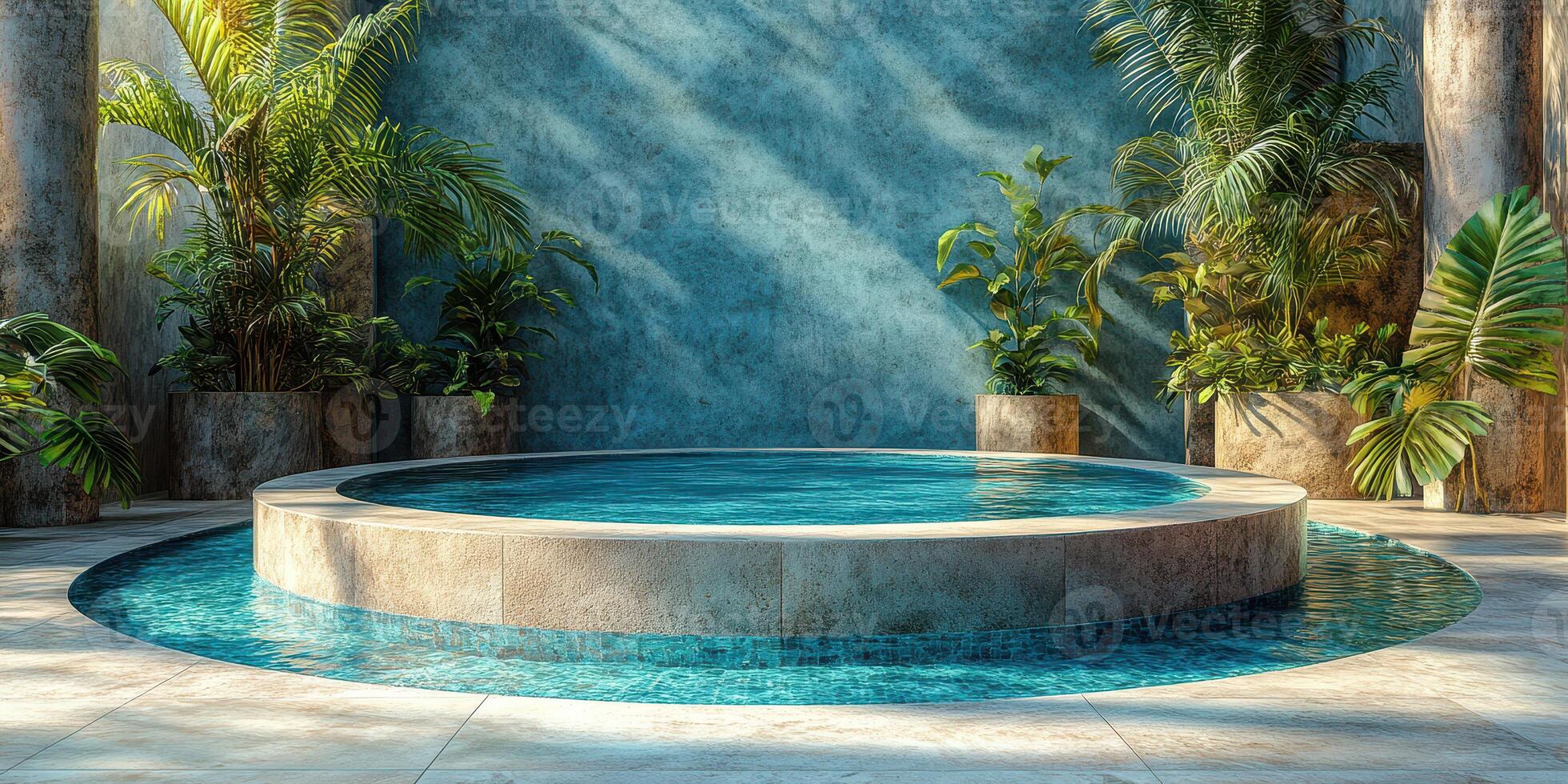 Refreshing circular pool surrounded by lush greenery in a serene outdoor setting photo
