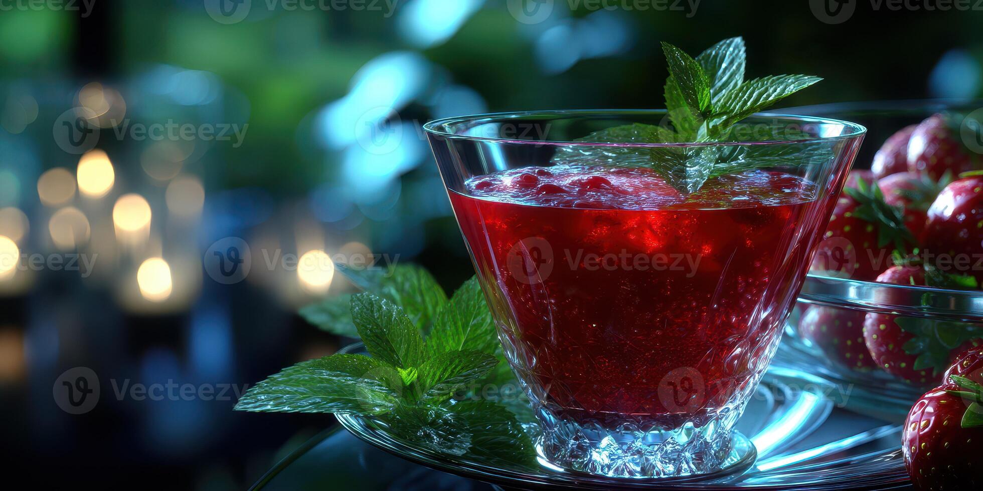 Refreshing berry drink with mint leaves served in a crystal glass alongside fresh strawberries in a cozy setting photo