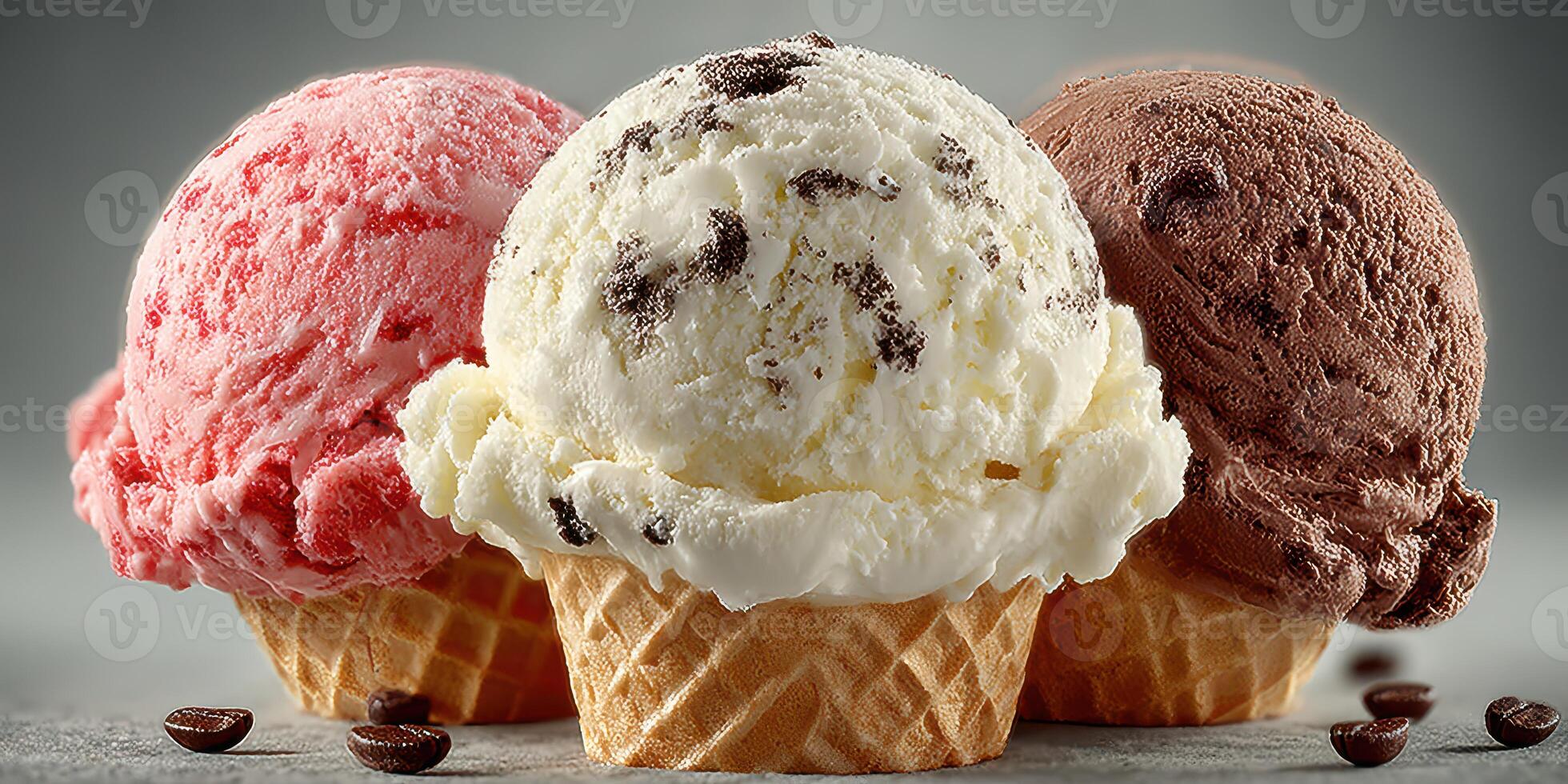 Three vibrant ice cream scoops in waffle cones served on a cool surface photo