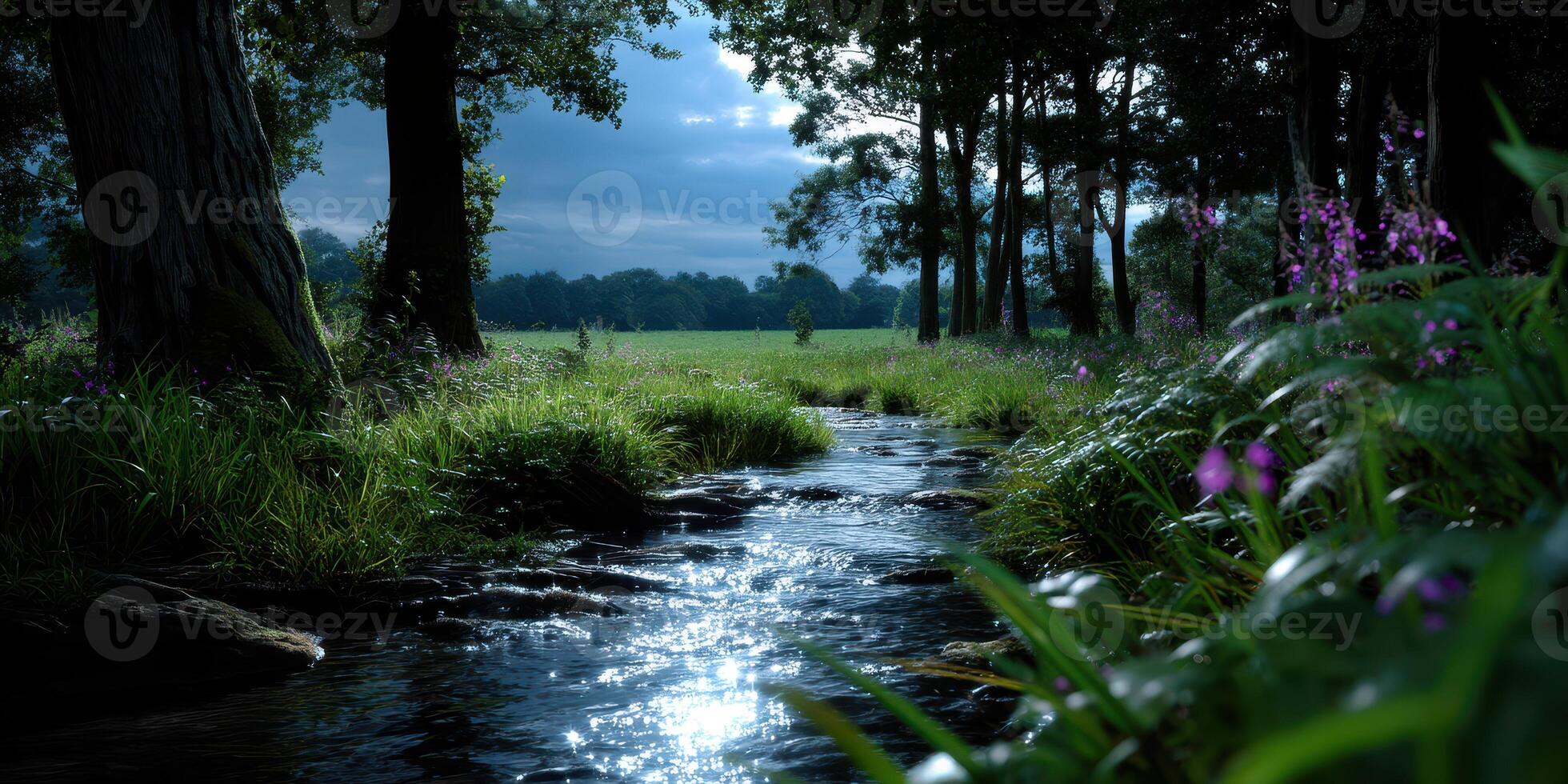 Lush forest landscape at dusk with a serene stream reflecting the evening light in a tranquil natural setting photo