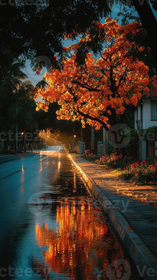 Vibrant orange tree glows along a quiet street after rain at dusk in a serene neighborhood photo