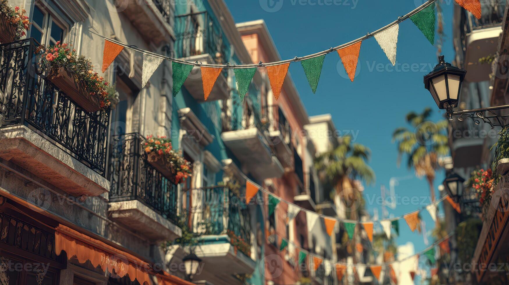 Colorful bunting decorates a charming street with balconies full of flowers on a sunny day in a vibrant town photo