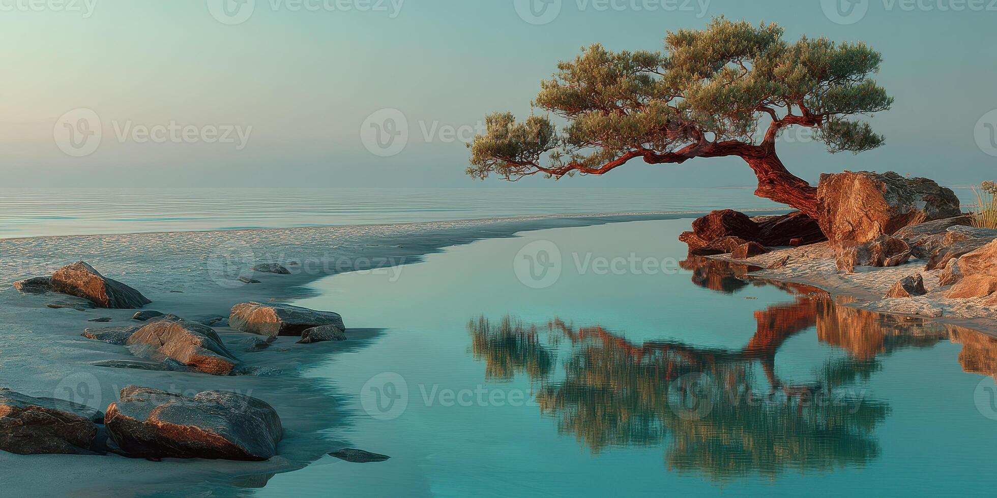 Breathtaking view of a tree by a tranquil body of water at sunrise reflecting on the surface and surrounding rocks photo