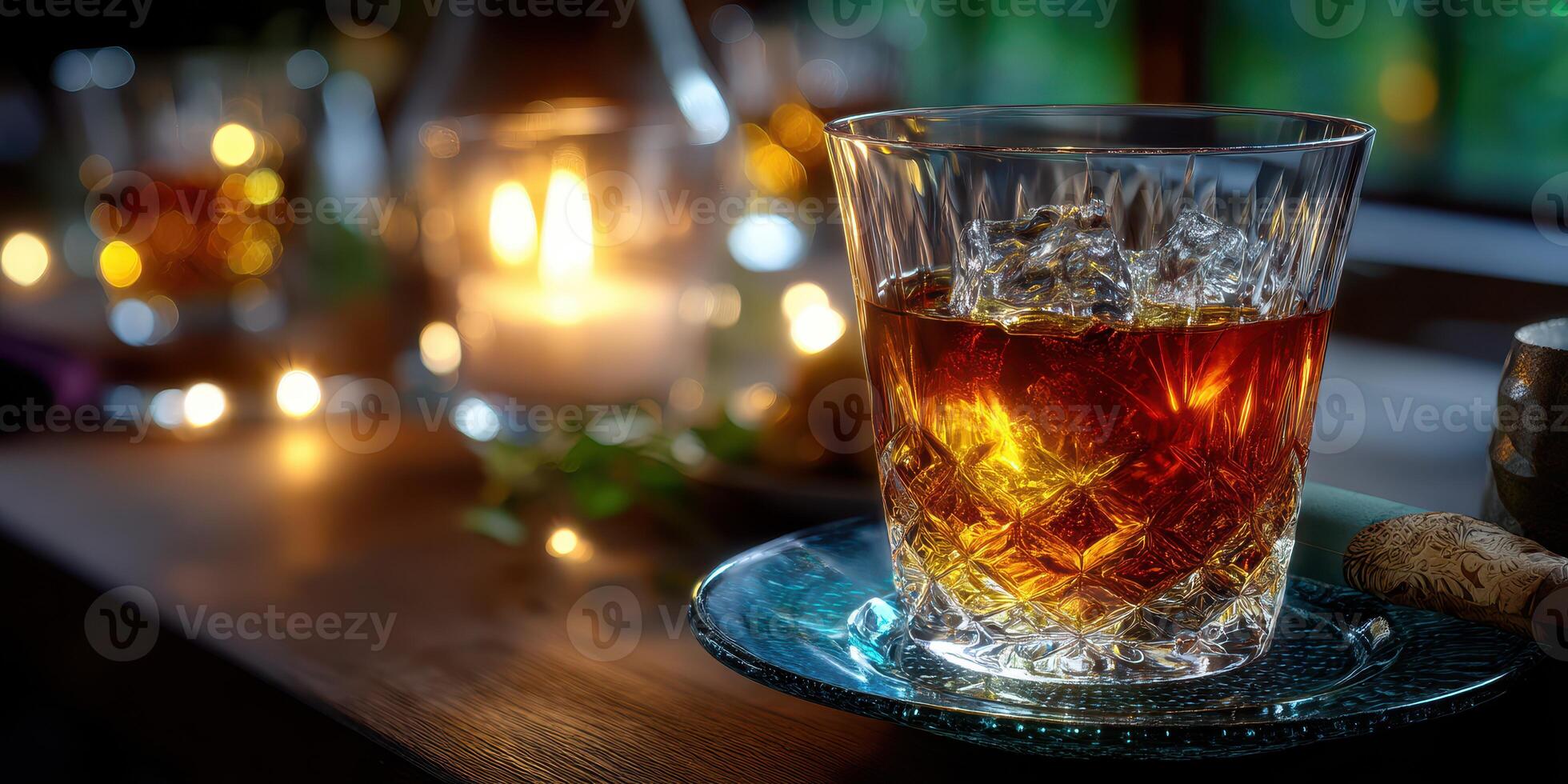 Dark amber drink rests on a glass plate next to flickering candles in a cozy setting during evening hours photo