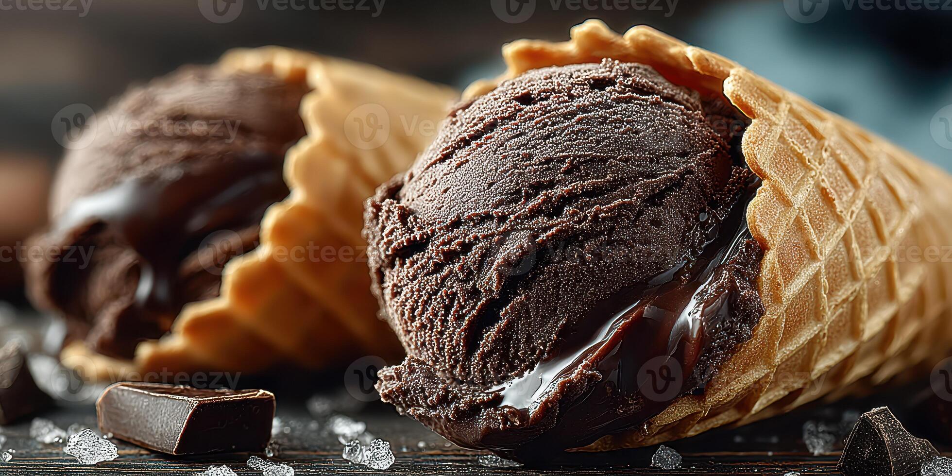 Indulging in delicious chocolate ice cream cones with rich texture and deep flavor at a cozy dessert shop photo