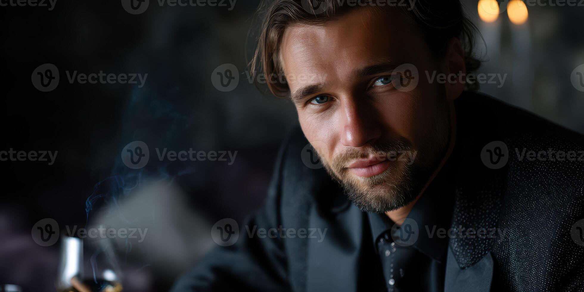 Elegant man enjoying a drink in a dimly lit lounge, exuding charm and sophistication during an evening outing photo