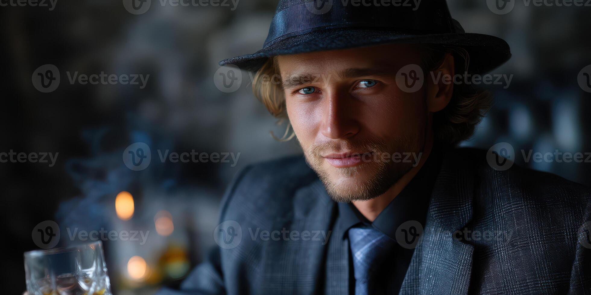 Man in a hat enjoys a drink in a dimly lit bar setting with a vintage atmosphere and softly glowing candles around him photo
