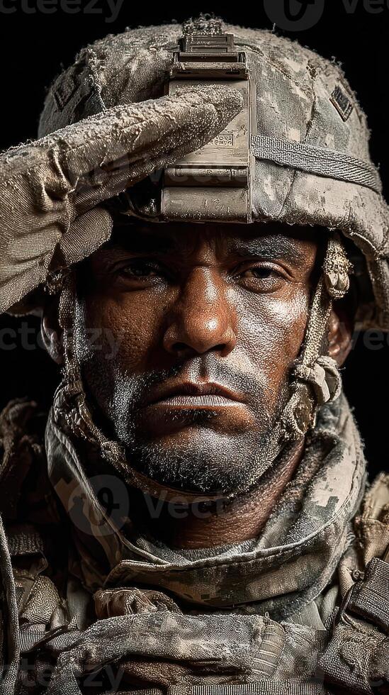 Soldier saluting in ceremonial uniform with a determined expression in a dimly lit setting during early morning hours photo
