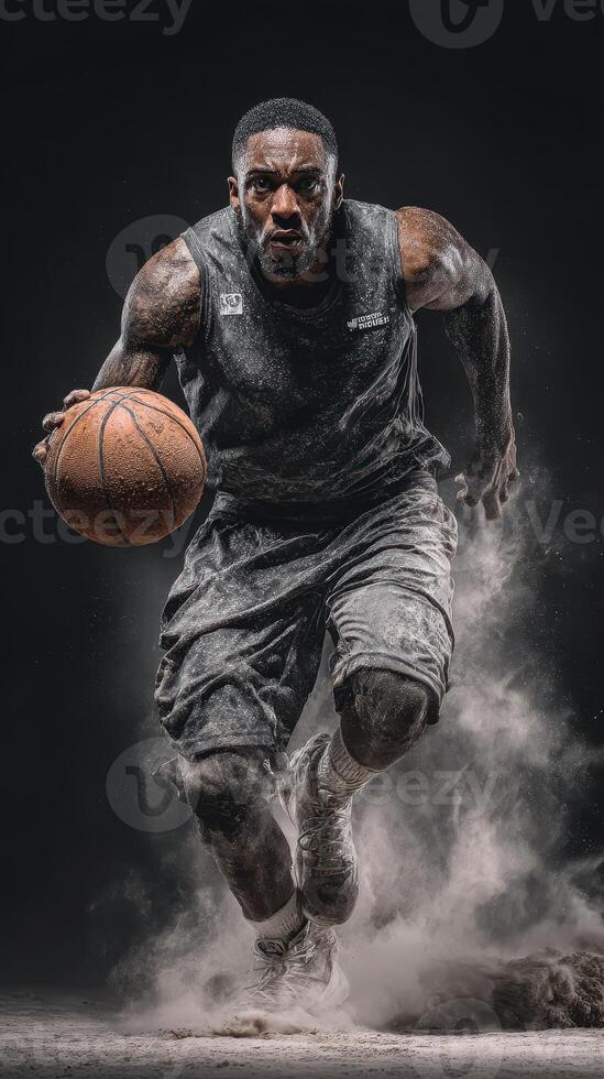 Dynamic basketball player dribbling on court with dust clouds during intense training session at dusk photo